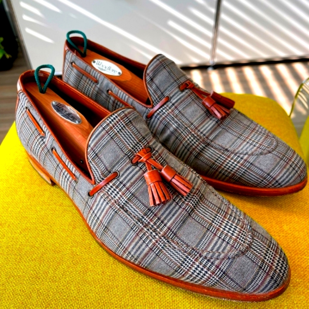 Taft Russell Loafer Shoes The London Plaid with Tassel Size 44E/11D Gray/Tan
